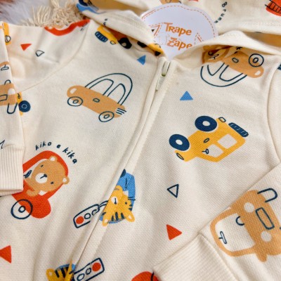 Conj. Jaqueta Beep Beep! com Capuz e Calça de Moletom - Areia e Azul Jeans